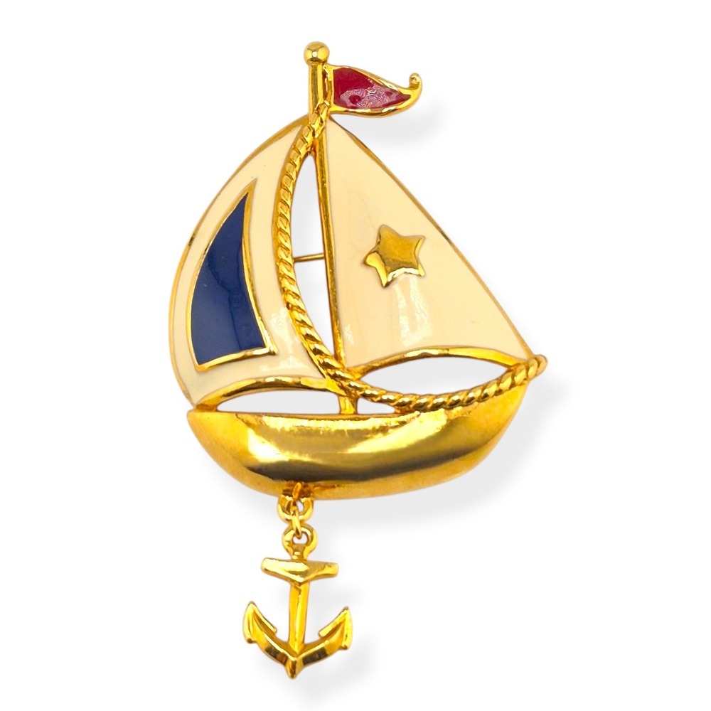 Vintage Avon "Ships Ahoy" Sailboat Brooch Pin Enamel Nautical Anchor Dangle Red